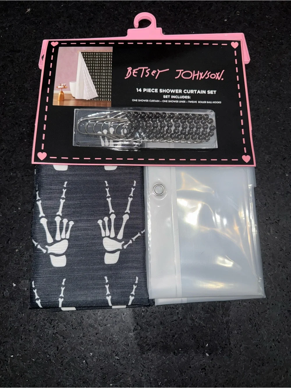 Betsey Johnson Black & White Peace & Heart Sign Skeleton Hands Patterned Shower